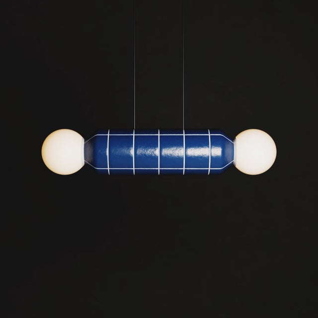 Modern Horizontal Pendant Light With Ceramic Base – Blue – Handcrafted For Sale - Image 4 of 6