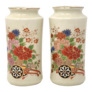 Vintage Japanese Flowers and Garden Cart Vases - a Pair