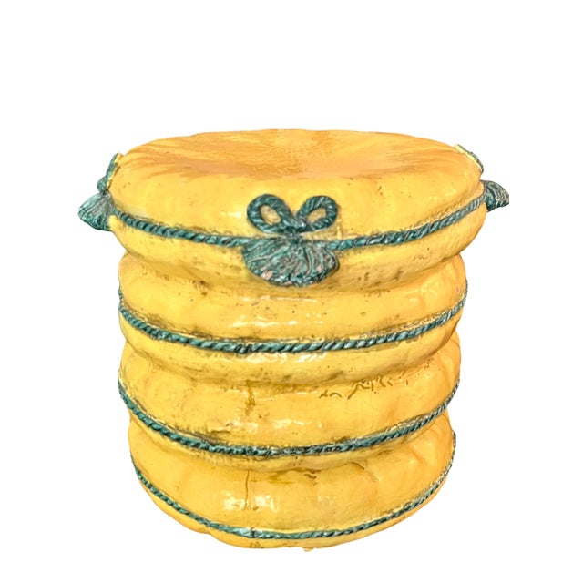 Exceptional vintage Italian Majolica garden stool designed in the form of stacked lemon-yellow cushions, beautifully...