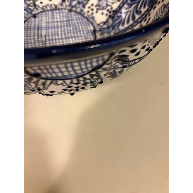 Vintage Mexican Talavera Hand-Painted Blue & White Ceramic Serving Bowl For Sale - Image 12 of 12
