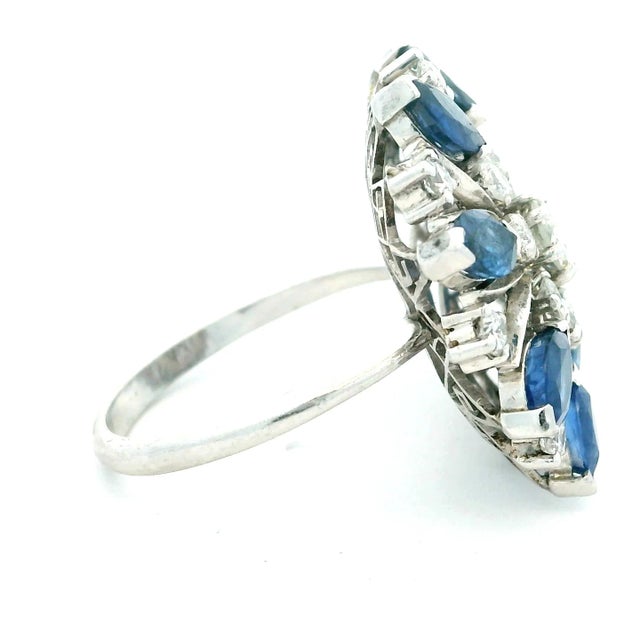 Mid-Century Marquise Sapphire and Diamond Cocktail Ring in 18K White Gold For Sale - Image 4 of 11