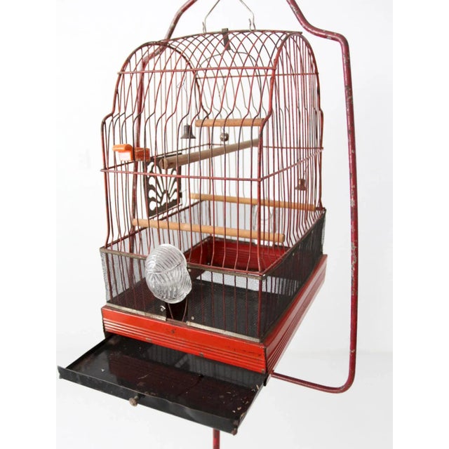Early 20th Century Antique Red Bird Cage with Cast Iron Stand For Sale - Image 5 of 10