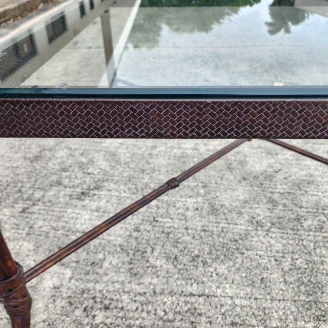 Maitland - Smith Maitland Smith Style Faux Metal Bamboo Glass & Leather Cocktail Table For Sale - Image 4 of 13