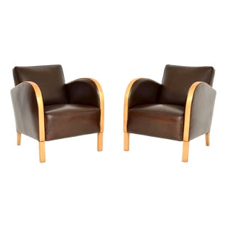 Swedish Art Deco Armchairs in Satin Birch and Leather, 1930s, Set of 2 For Sale