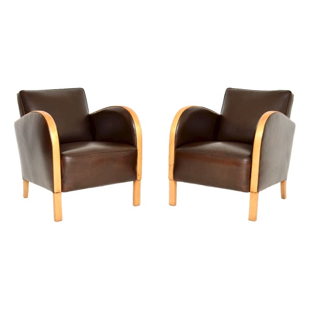 Swedish Art Deco Armchairs in Satin Birch and Leather, 1930s, Set of 2 For Sale