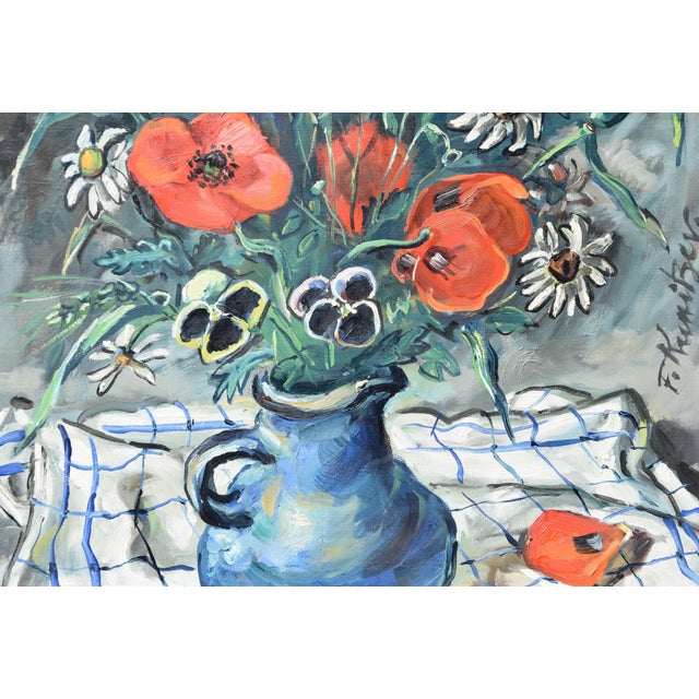 1970s Friedrich Kunitzer, Still Life with Poppies & Jug, 1970s, Oil on Canvas, Framed For Sale - Image 5 of 13