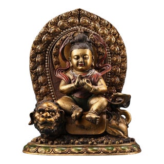 Late 20th Century Gilt Painted Bronze Manjushri Bodhisattva Sculpture Seated on Lion For Sale