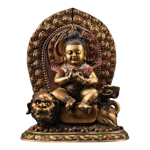 Late 20th Century Gilt Painted Bronze Manjushri Bodhisattva Sculpture Seated on Lion For Sale
