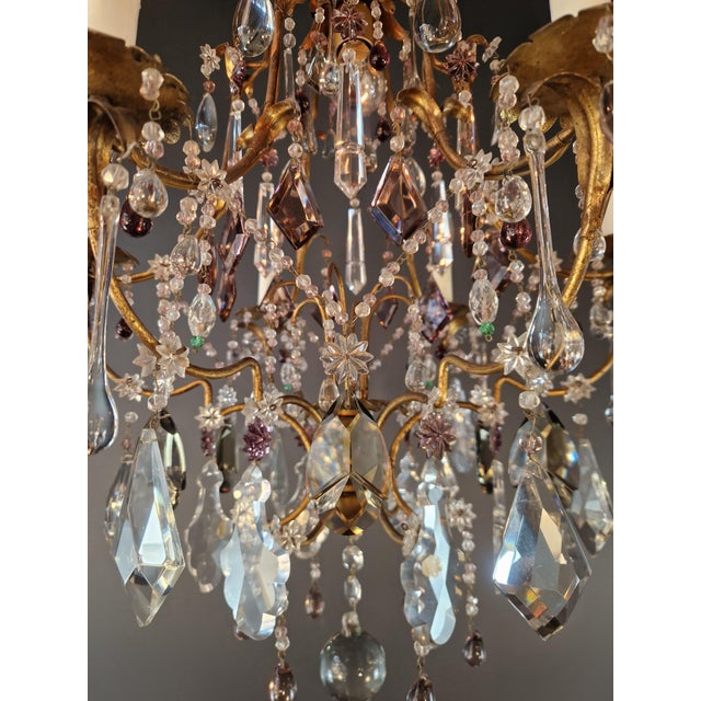 Brass 1940s Crystal Chandelier Purple and Bohemian Czech Crystals Floral European Design For Sale - Image 8 of 12