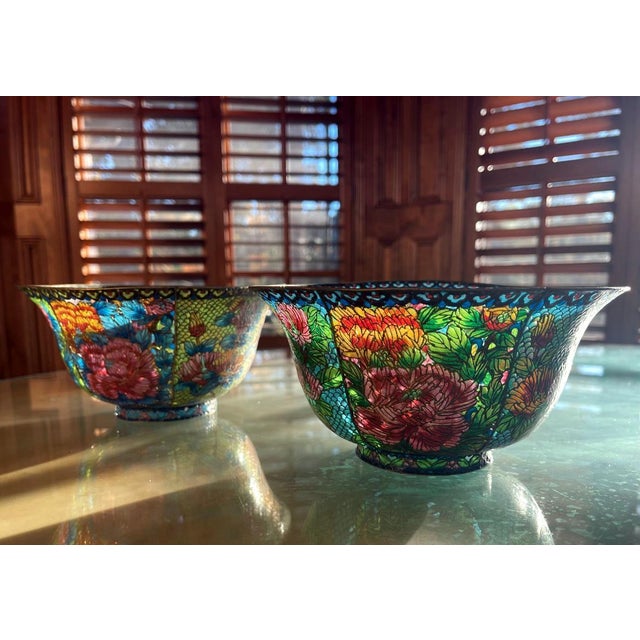 Copper Pair of Large Chinese Cloisonné Plique-à-Jour Bowls For Sale - Image 8 of 12