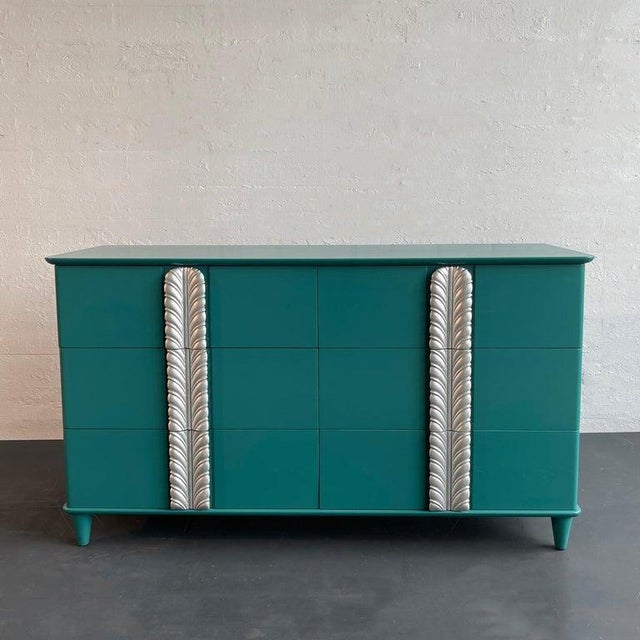 Exceptional, Art Deco period, Hollywood Regency, mahogany double dresser by John Stuart Inc features a custom lacquered...