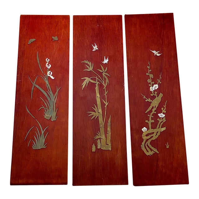 Set of 3 Vintage 1940s Chinoiserie Brass and Mop Inlaid Birds Flowers Panels For Sale