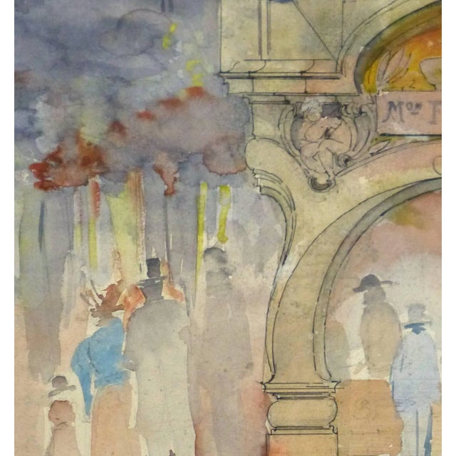 Exceptional watercolor of a crowd of theater goers gathered around a ornate stone entrance, circa 1920. Original artwork...