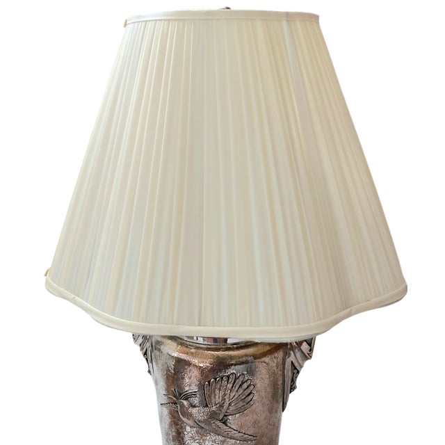 Antique Late 19th Century Silver-Plated Oil Lamp Converted to Table Lamp With Bird & Floral Decoration, 23" For Sale - Image 11 of 14