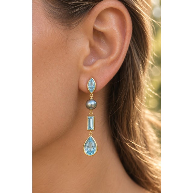 Sky Blue Topaz & Pearl Drop Earrings Studs, Silver, Gold, Pair For Sale - Image 6 of 10