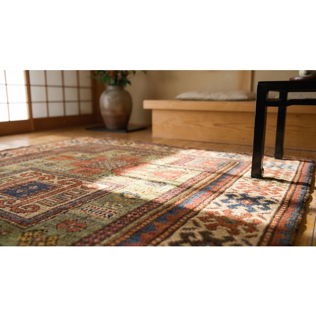 Textile 1880s Green Medallion Tribal Antique Caucasian Karachopf Kazak Rug 4' X 7'8" Hand Knotted Wool Carpet For Sale - Image 7 of 9