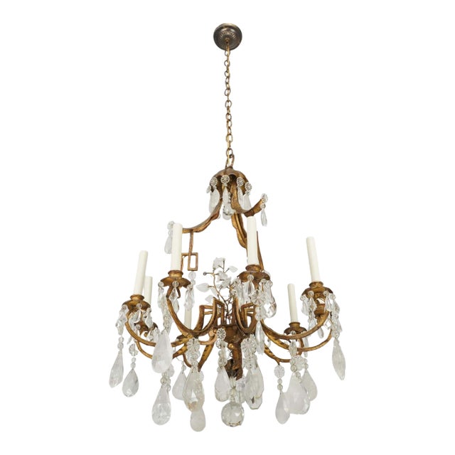 Vintage French Rock Crystal Wrought Iron Chandelier - Restored For Sale