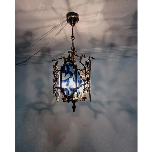 French Vintage French Brass Stained Glass Style Blue Colored Chandelier Basket Ceiling Fixture For Sale - Image 3 of 11