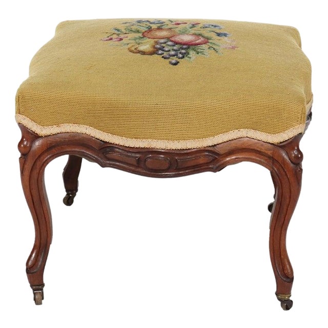 Antique Rococo Revival Rosewood Footstool With Floral Needlepoint C1890 For Sale