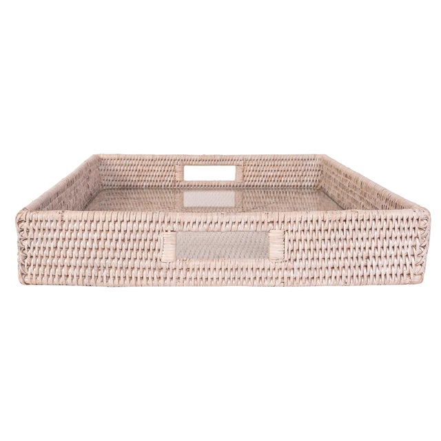 Boho Chic Artifacts Rattan Square Serving Ottoman Trays with Glass Insert in White, Medium For Sale - Image 3 of 3