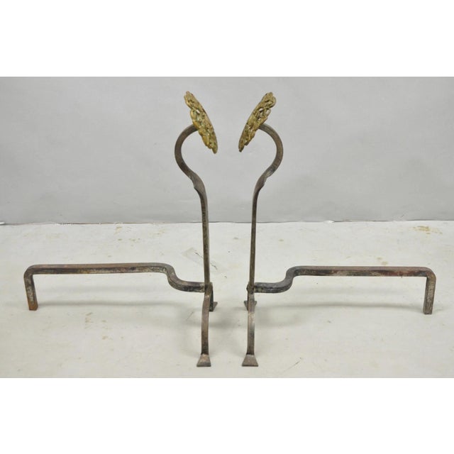 Antique French Art Nouveau Hand Hammered Wrought Iron & Bronze Andirons - A Pair For Sale - Image 10 of 15