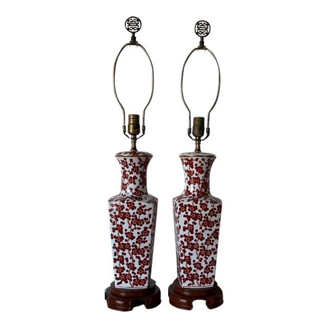 1960s Vintage Chinese Hand-Painted Porcelain Table Lamps With Red Floral Motifs – Pair For Sale