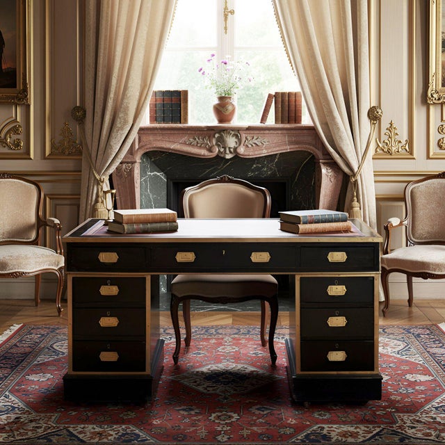 EBONIZED CAMPAIGN-STYLE DESK Probably English, late 19th century, with later alterations 30 1/4" H x 28 5/8" D x 54" W 24"...