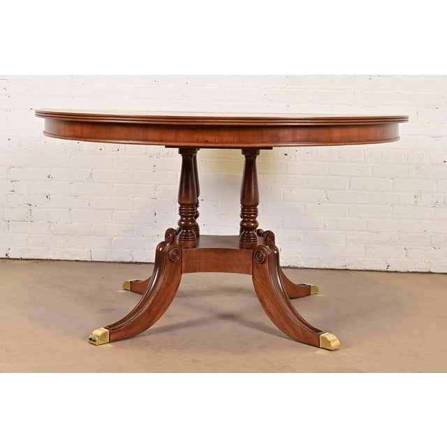 1980s Baker Furniture Style Georgian English Yew Wood Pedestal Extension Dining Table, Newly Refinished For Sale - Image 12 of 13