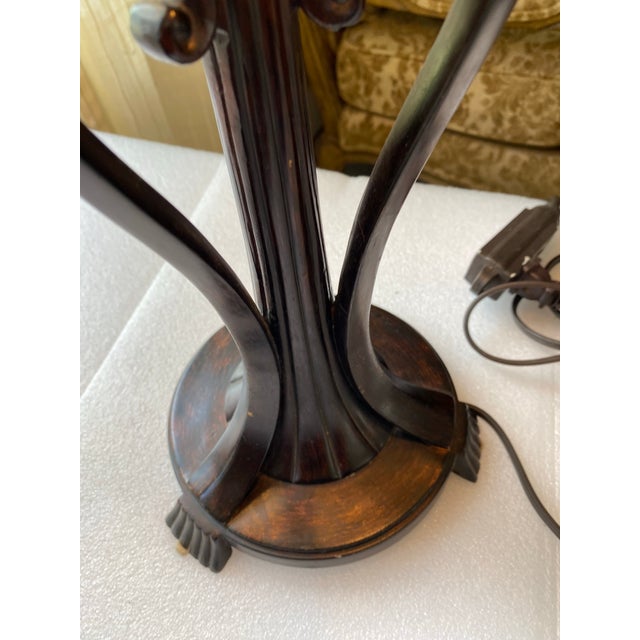 Art Deco Vintage Art Deco Style Table Lamp, Ornate Dark Bronze Metal Base, Amber Glass Dome Shade, 24” Tall For Sale - Image 3 of 12