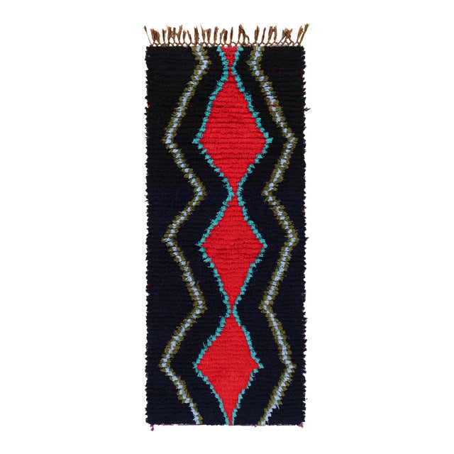 Vintage Moroccan Runner in Black With Red Diamond Medallions, From Rug & Kilim For Sale