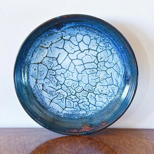 Vintage Hand Thrown Large Ceramic Serving Plate Charger in Blue Crackle Glaze, Signed For Sale - Image 9 of 9