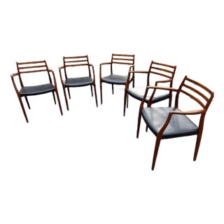 1960s Set of Five Danish Modern Chairs by Niels Moller Black Leather Seats and Rosewood For Sale