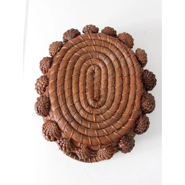 Brown Vintage Folk Art Pine Needle Basket For Sale - Image 8 of 11