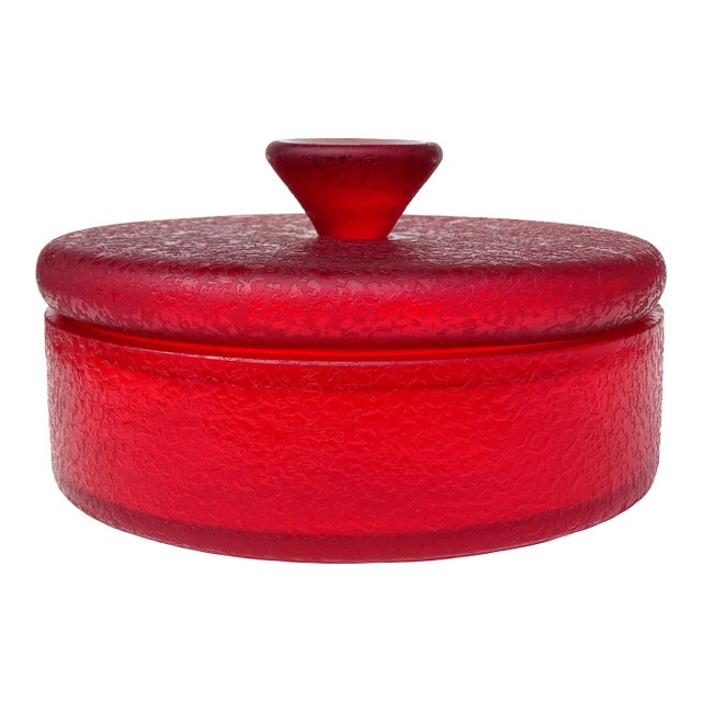 Vintage Murano Ruby Red Corroso Texture Italian Art Glass Large Vanity Jewelry Casket Decorative Box For Sale