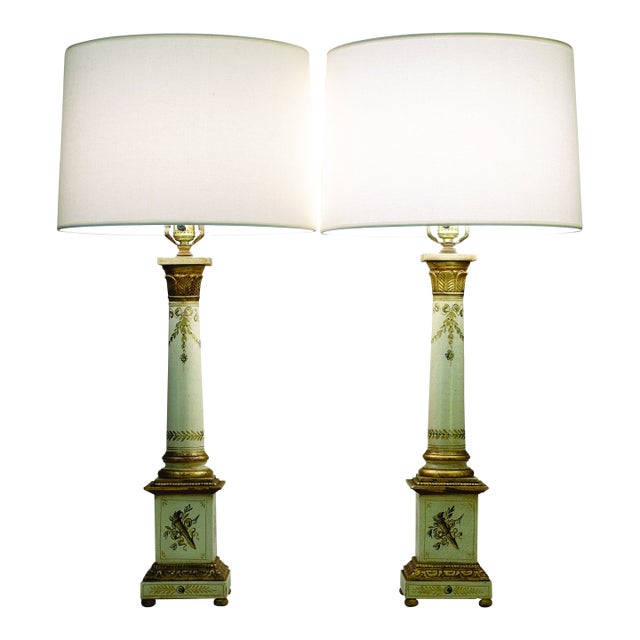 1930s Neoclassical Hand Painted Tole "Grand Tour" Tuscan Style Column Terra Cotta Pottery Wood Table Lamps - a Pair For Sale