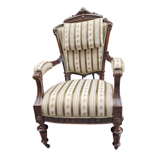 19th Century Carved Wooden Armchair with Casters For Sale