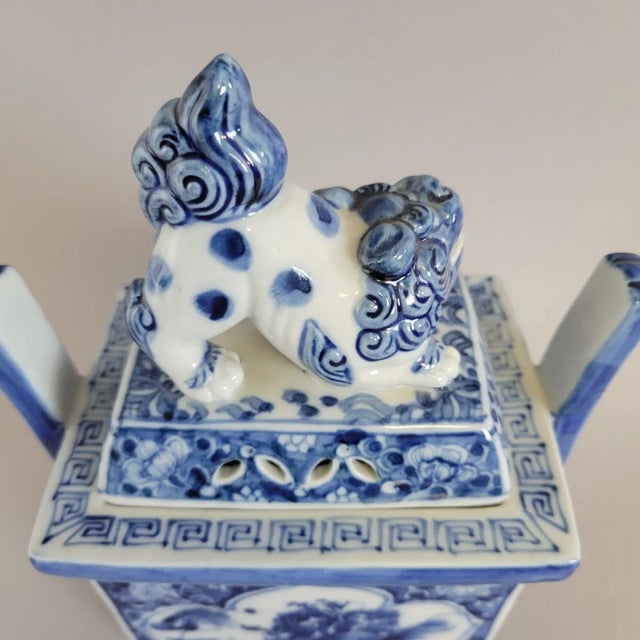 Ceramic Chinese Blue and White Porcelain Ding-Form Censer With Foo Dog Finial, Circa 1970s For Sale - Image 7 of 12