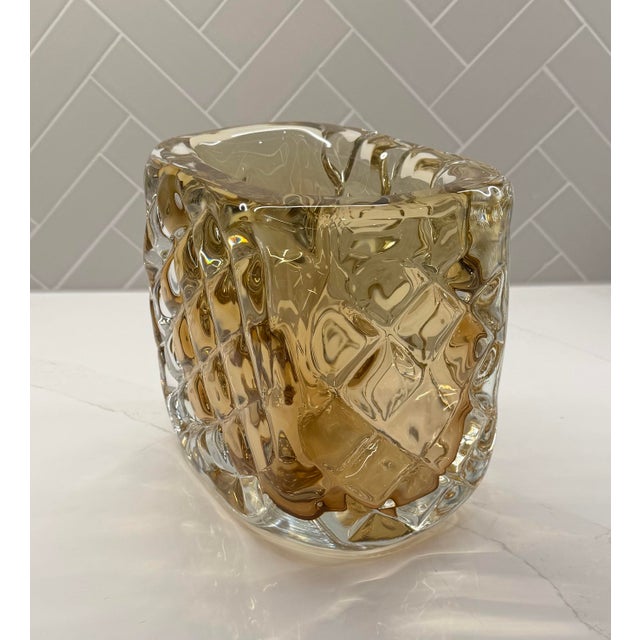 Studio a by Global Views Small Quilted Hand-Blown Polish Art Glass Vase in Moss Green (Amber) For Sale In Dallas - Image 6 of 11