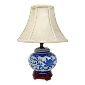 Vintage Ceramic Blue and White Chinoiserie Floral Table Lamp