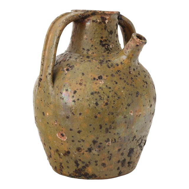 Large Antique French Glazed Terracotta Olive Oil Jug For Sale