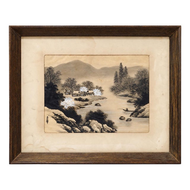 Gyokuka / Yuhua, Oriental Landscape with River, Fisherman and Village, Painting on Fabric, Framed For Sale