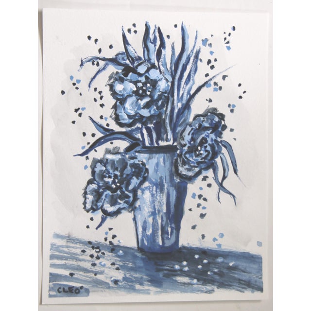 Fauvist impressionist still life floral of cabbage roses, flowers a la Matisse, in shades of navy blue . Coordinating...