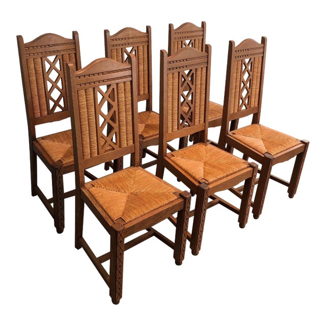 Brutalist Chairs Made of Ash and Straw, French Work, Circa 1950 - Set of 6 For Sale