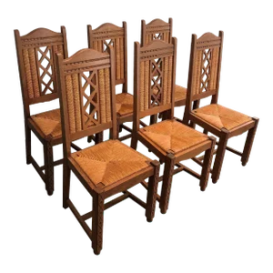 Brutalist Chairs Made of Ash and Straw, French Work, Circa 1950 - Set of 6
