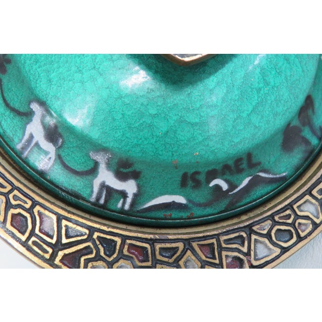 Brass Mid Century Judaica Israeli Enamel Lidded Brass Serving Bowl Pedestal Dish 5003b For Sale - Image 8 of 14