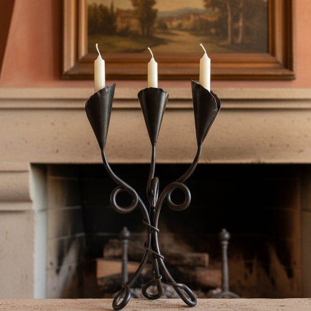 Farmhouse Hand Forged Iron Candelabra 20.5″ (52cm) Authentic Antique Copper Patina Finish Compact Artisanal Centerpiece For Sale - Image 3 of 7