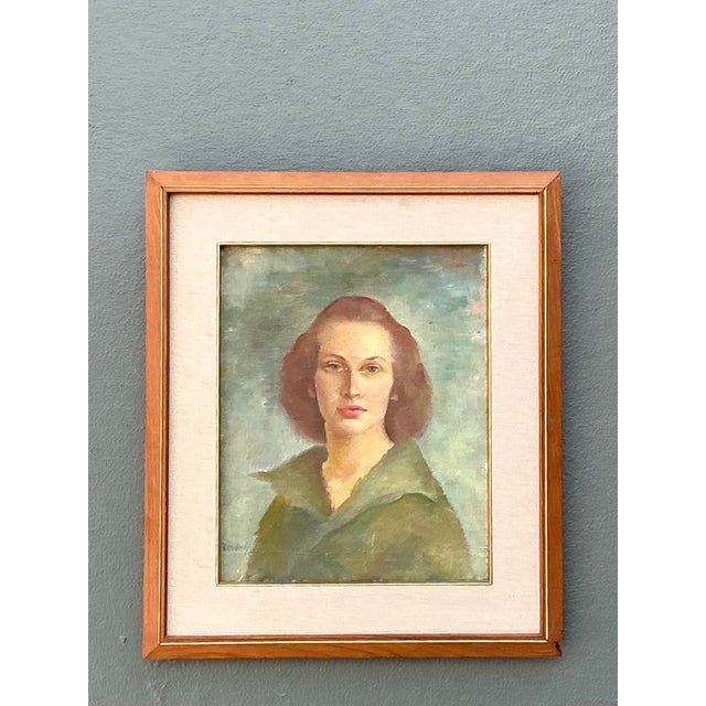 Green Vintage 1952 Original Oil Portrait on Board For Sale - Image 8 of 12