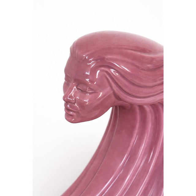 Art Deco Vintage Pink Ceramic Woman Bust Sculpture – Art Nouveau Style Flowing Hair Figure – Modern Feminine Decor For Sale - Image 3 of 6
