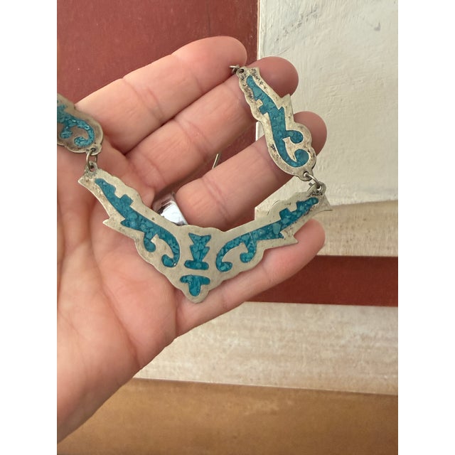 Vintage Mexican Alpaca Silver Necklace Turquoise Inlay For Sale - Image 9 of 11