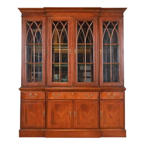 Ethan Allen Georgian Inlaid Mahogany Lighted Breakfront Bookcase Cabinet